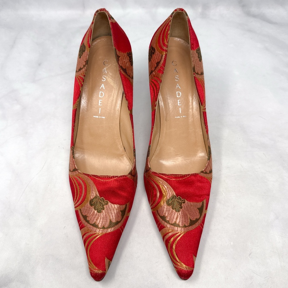 CASADEI Vintage Y2K Floral Jacquard Brocade Pointed Toe Low Mid Heel Pumps 2000s